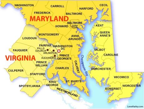mapa maryland virginije i washington dc