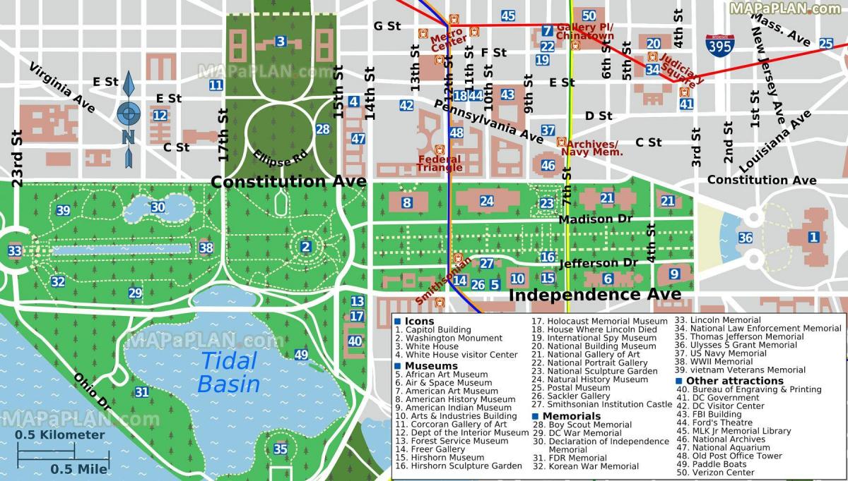 mapa washington dc-u tržni centar i muzeji